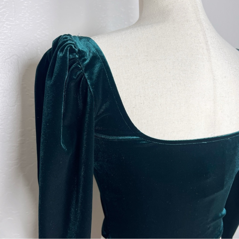 ZARA Women’s Size S Green Velvet Long Puff Sleeve Cropped Square-Neck Corset Top - Picture 7 of 14